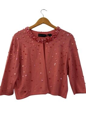 Dana Buchman Pink Beaded Sequin Cropped Cardigan Merino Wool, Size XL Sweater